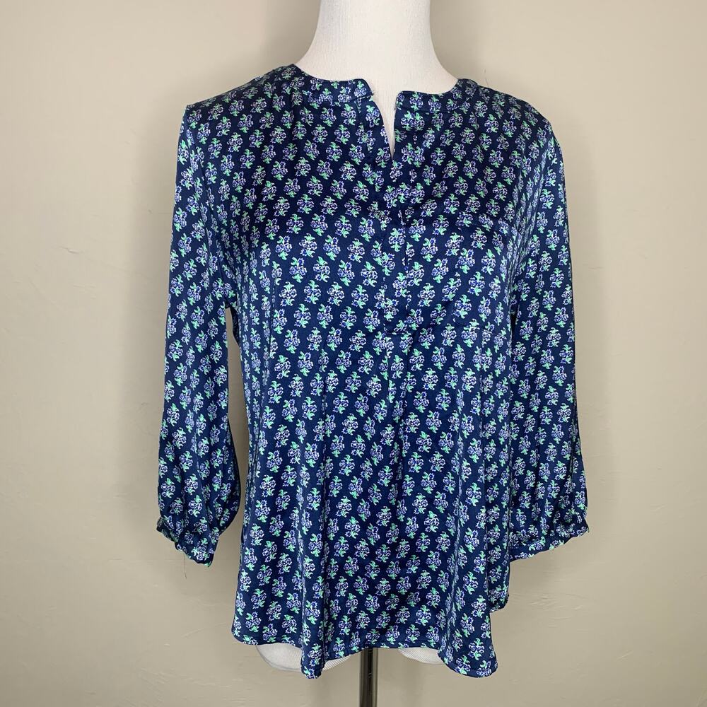 Liz Claiborne Blue Floral Patterned Blouse Sz Medium Petite